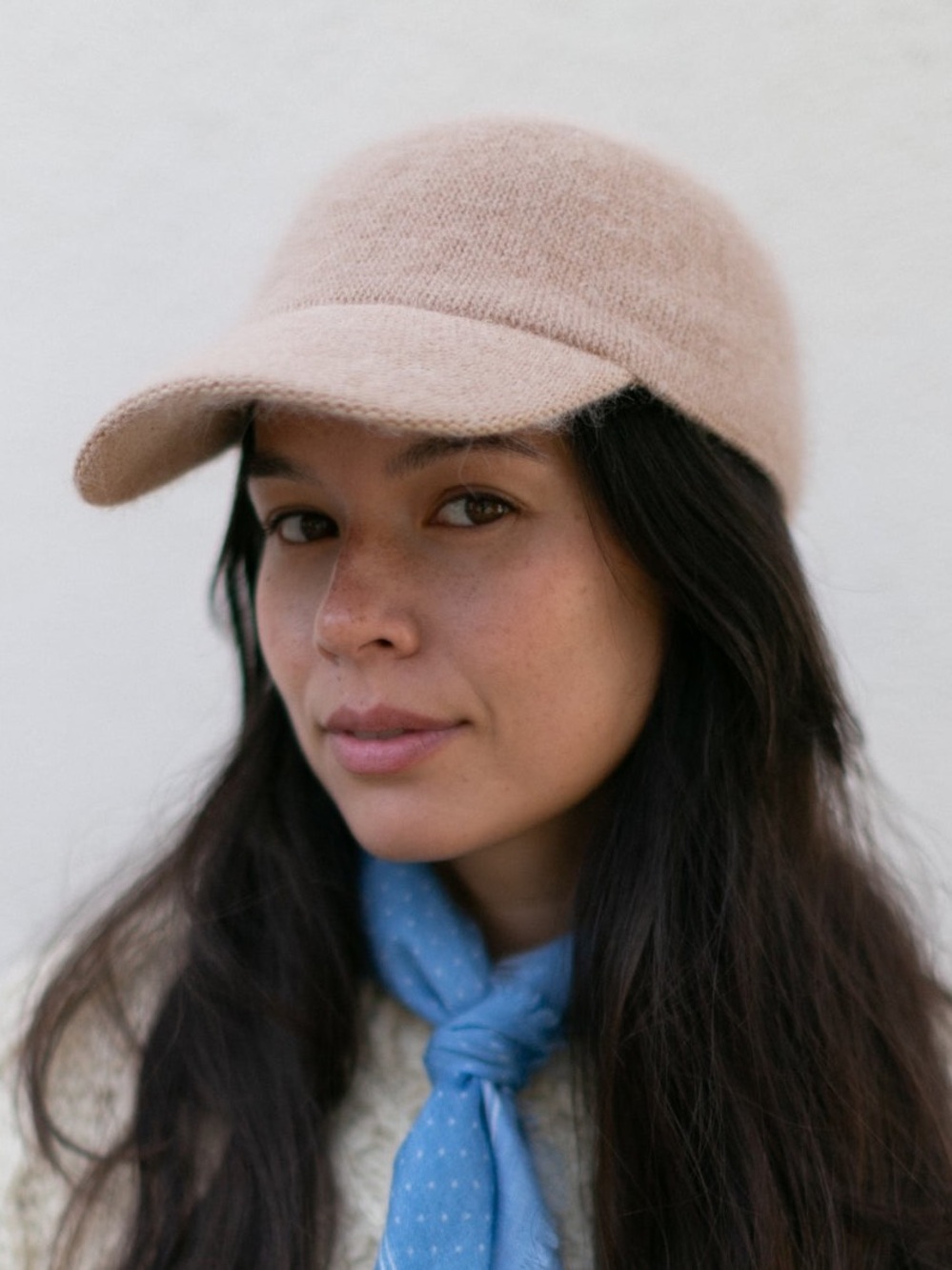 Fuzzy Angora Knit Baseball Cap in Cream